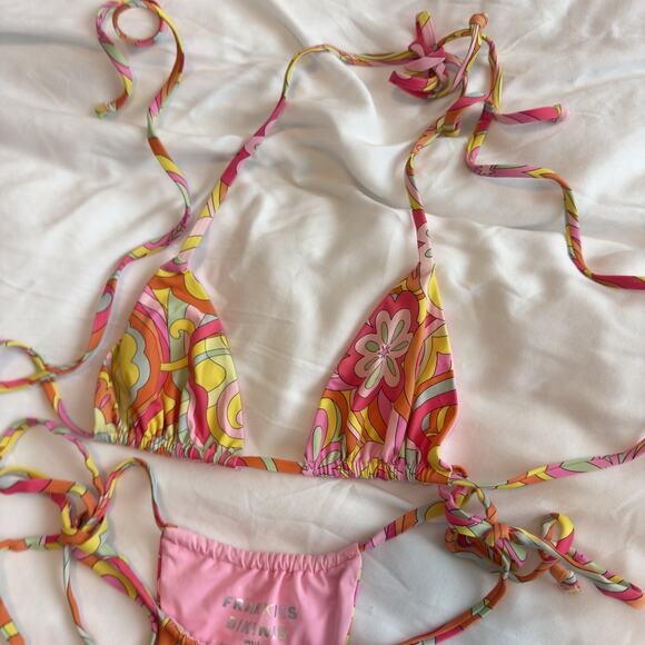 Frankies Bikinis Triangle Bikini Set Colorful Floral Top XS Bottom S Cheeky - Picture 2 of 5